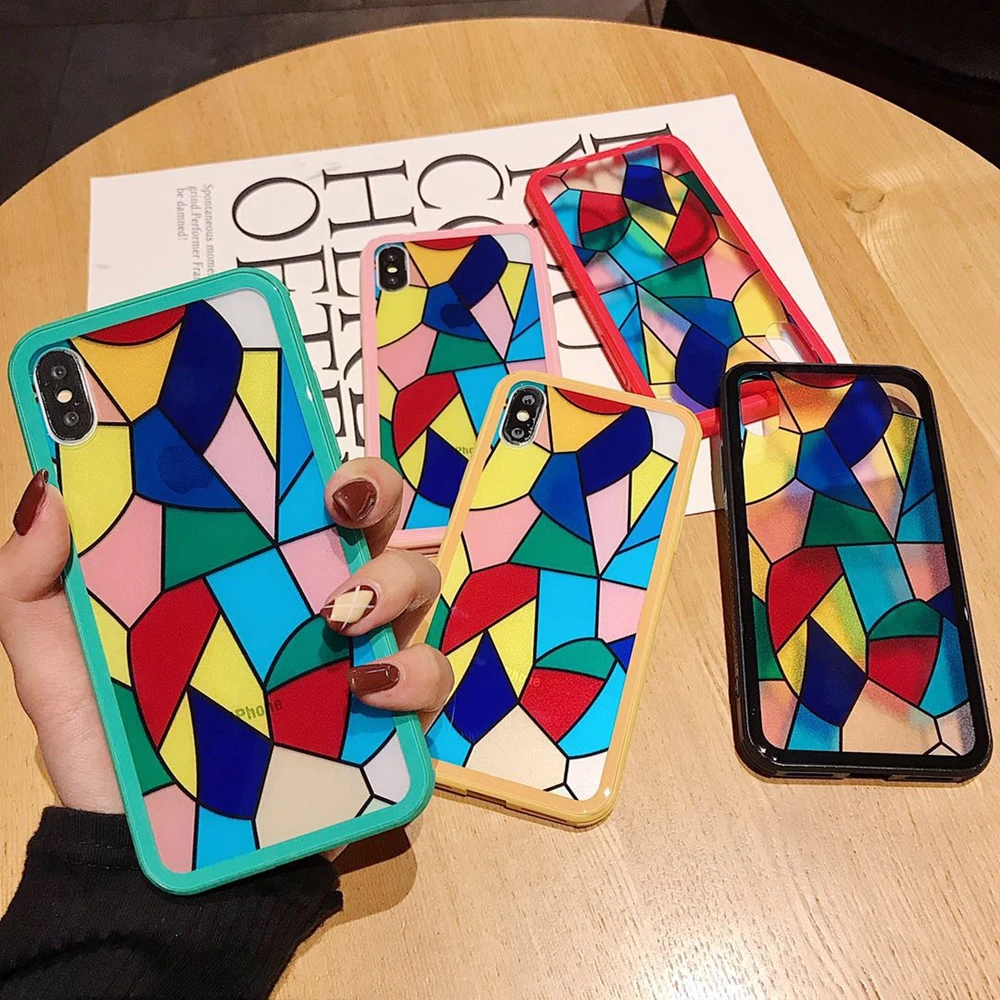 

Colorful Mosaic Design Tempered Glass Case for iPhone X Max 7 8plus 6s Anti-explosion Protective Cell Phone Shell Xs Xr 6