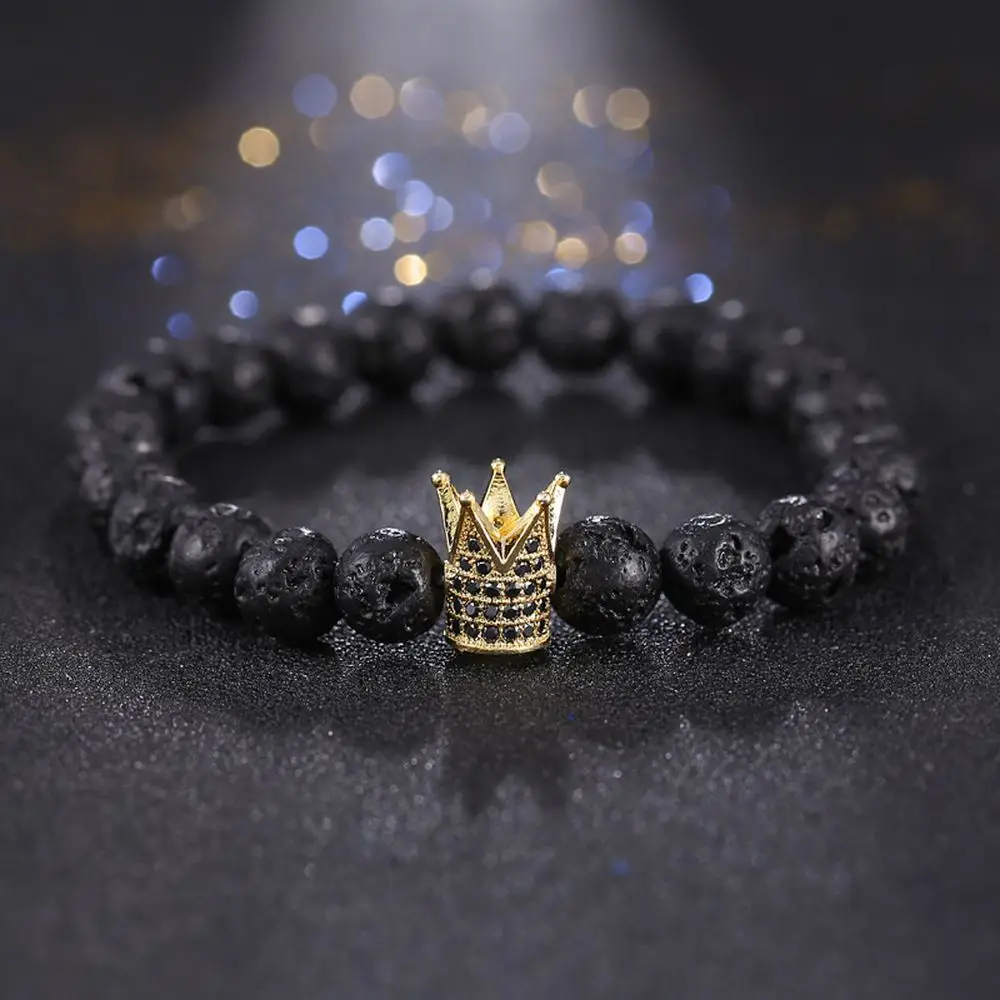 

New Lava Stone Beads CZ Crown Bracelet Couples His & Hers Lovers Bracelet Lava Stone Bead, Rose gold gold silver black