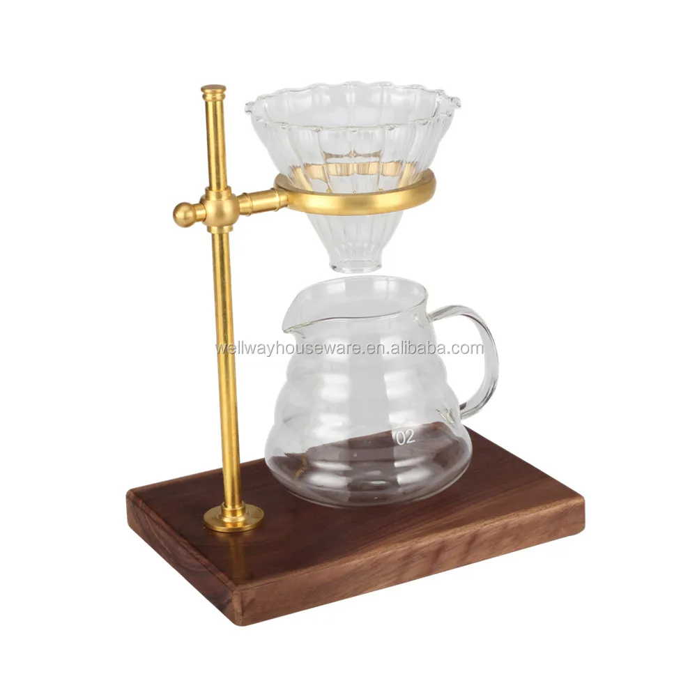 Copper & Wood Brass Pour Over Coffee Dripper Stand With Wood Base
