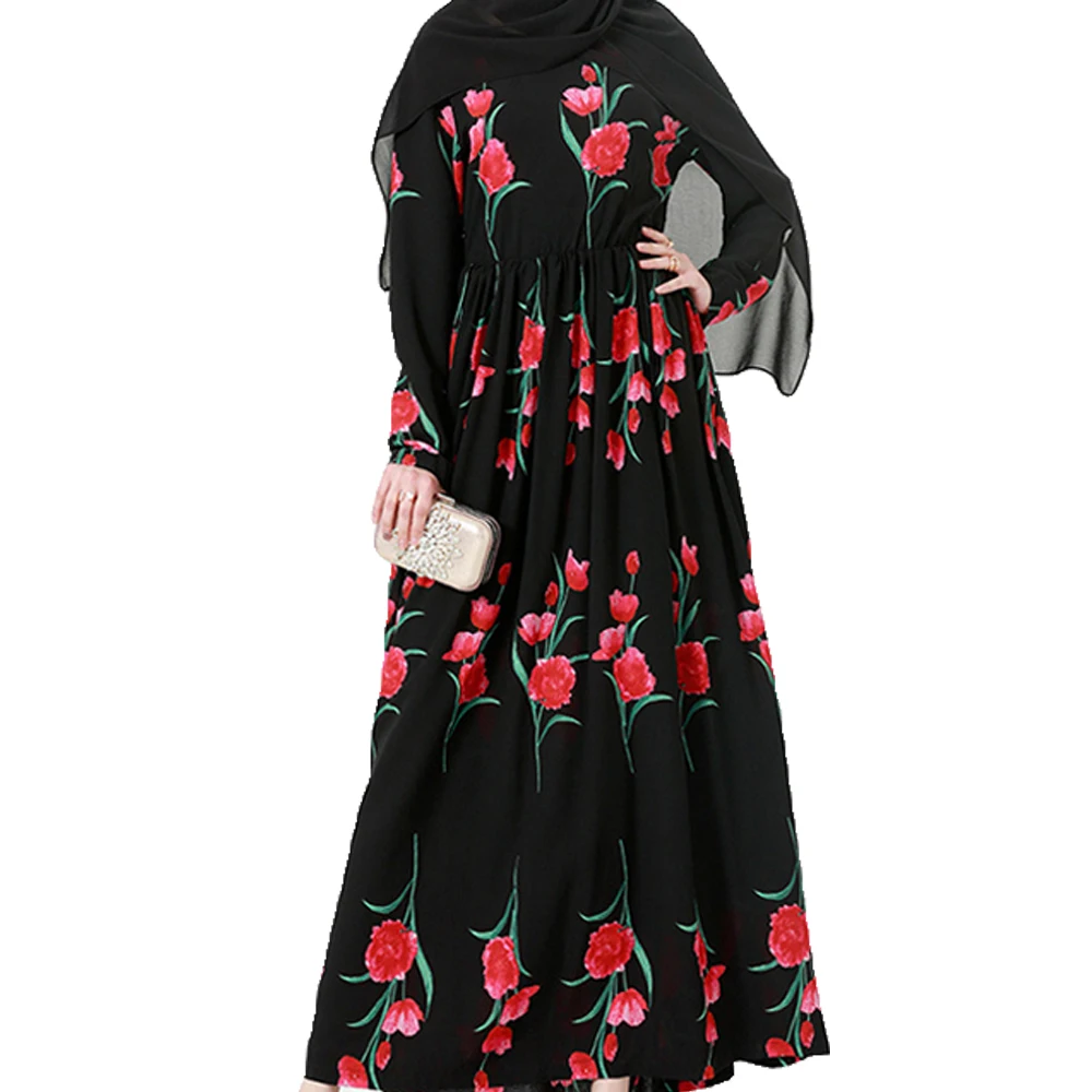 

5080# hijabs for women abaya islamic clothing wear long sleeve rose printed maxi modest womens dress