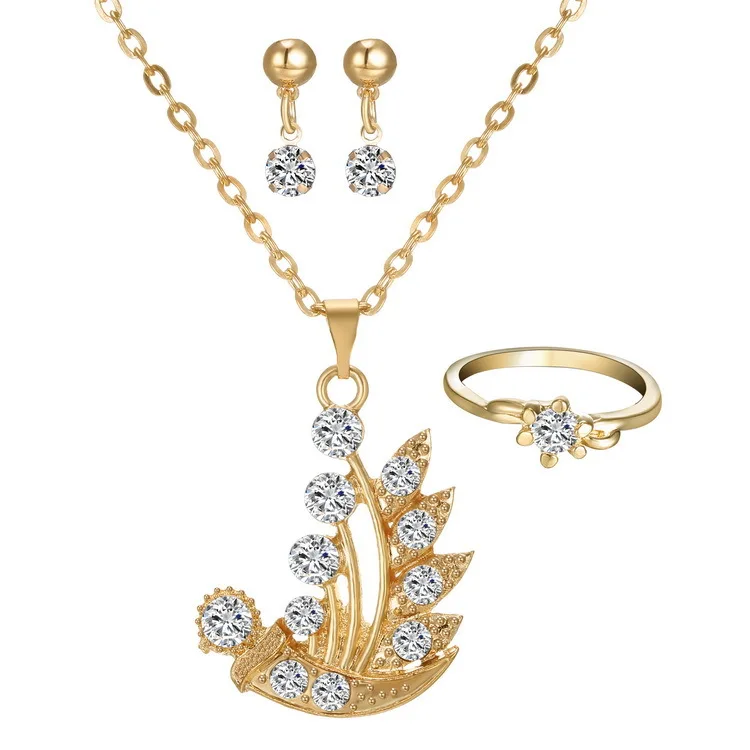 

Elegant Women Party Jewelry Set Crystal Rhinestone Boat Shape 3Pcs Necklace Earring Ring Set, Picture