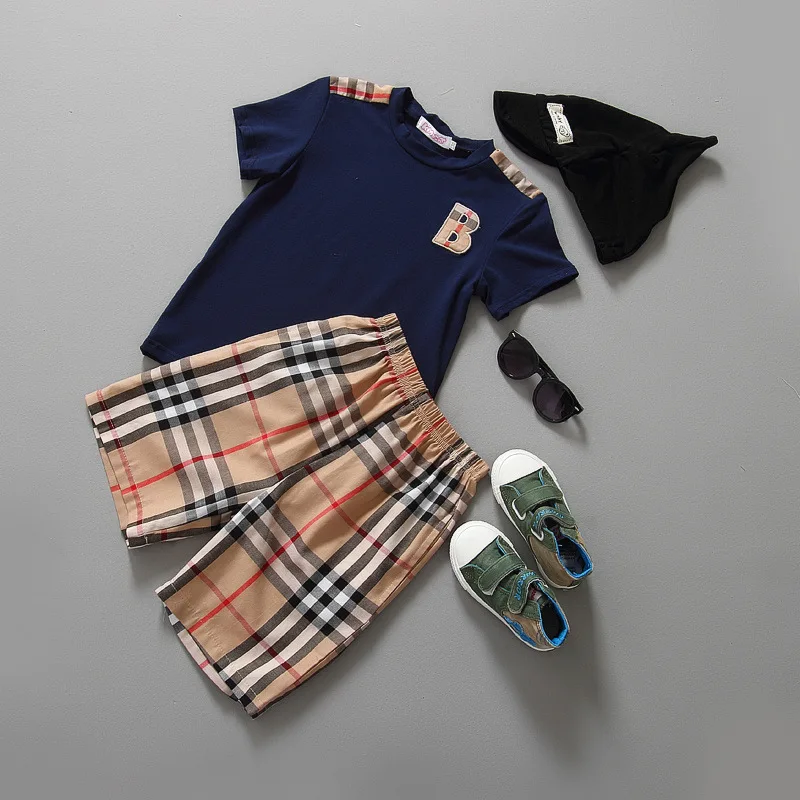 

Wholesale European style letters printed short sleeve T-shirt and grid pant boy summer clothes, As photo