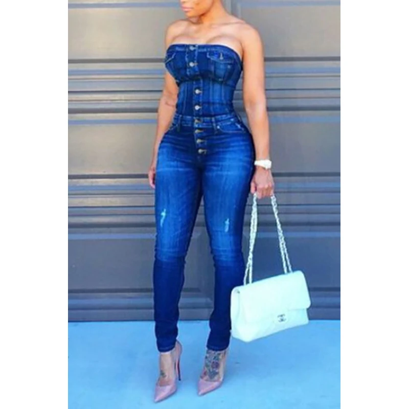 

Strapless Single-breasted Cotton Blends One-piece Skinny Overall Jeans Jumpsuits, As shown overall jeans jumpsuit