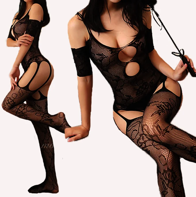 

Sexy lingerie Body stocking open crotch temptation Lady socks cut black Elastic mesh fishnet silk bodysuit tights