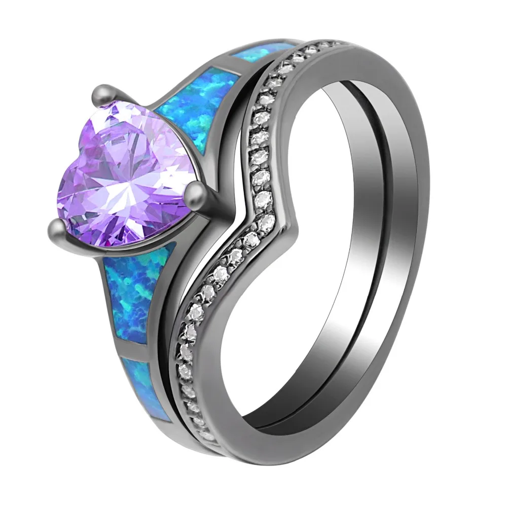 

Opal Ring Unique Design Heart-shaped Black gold Plated opal stone wedding ring set