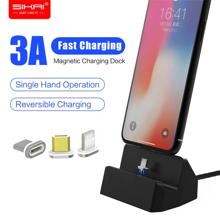 

SIKAI new design 3 in 1 reversible fast charging station dock magnetic usb qi wireless charging dock for iphone type-c android, Black;gray;midnight blue