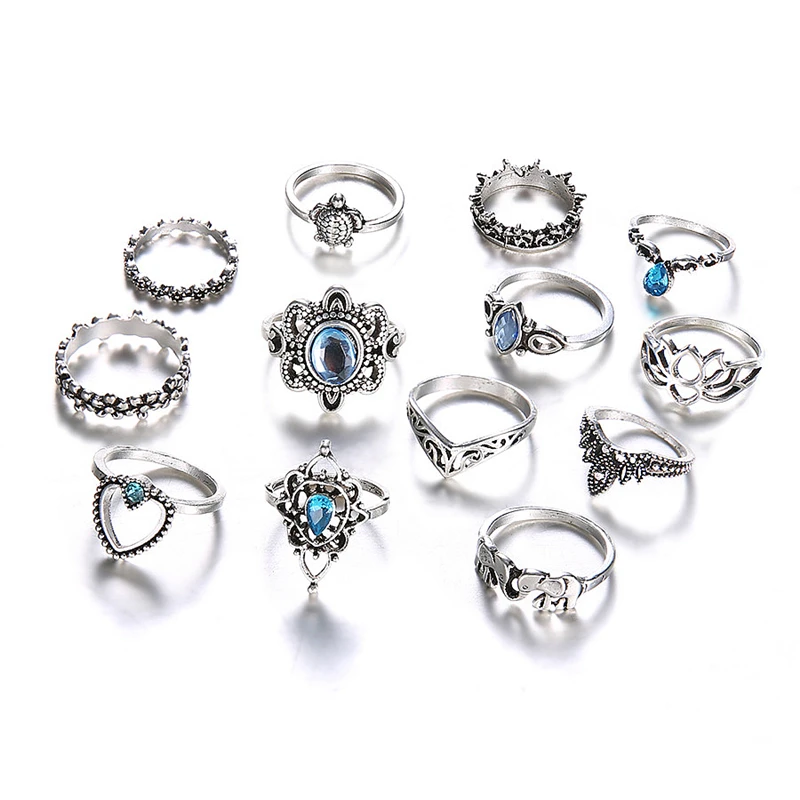 

RTS 13pcs/Set Bohemia Antique Silver Crown Flower Blue Opal Gemstone Ring Sets RhineStone Knuckle Rings Women Jewelry Set