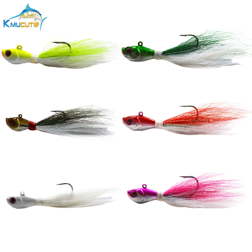 

1oz bucktail jigs 3D eyes Luminous saltwater Bass bucktail fishing lures