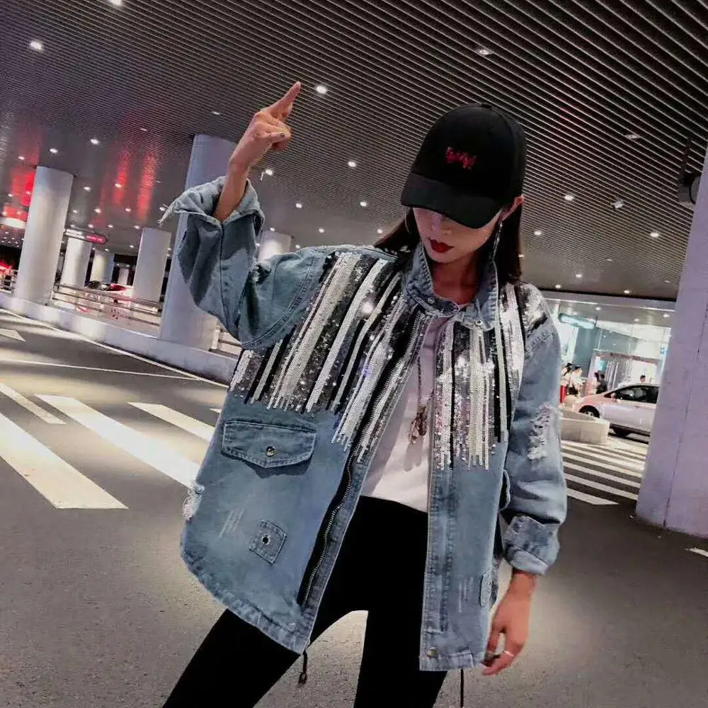 

2019Spring New arrival ladies ripped jeans coat womens drawstring cotton denim jacket oversize sequins jean jacket, Picture