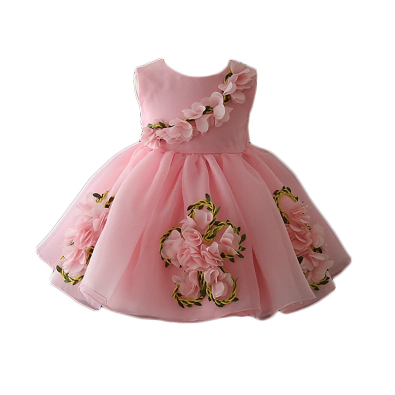 

2018 kids fancy dress one piece princess pink flower one year old baby girls birthday party dress, As the pics