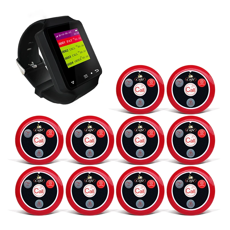 

Artom restaurant waiter paging system watch receiver with 10 pagers call button and customized logo set in different languages
