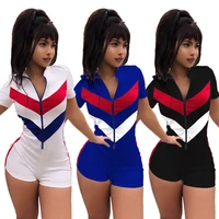 

F1041 zip up front patchwork short sexy women romper