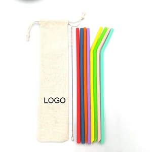 Image of Eco friendly Food grade colored reusable silicon straw with cleaner flexible drinking straw set