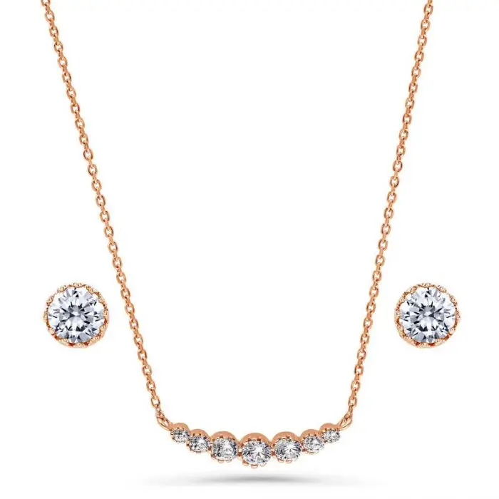 

Exclusive Design Rose Gold Plated Sterling Silver CZ Bar Pendant Jewelry Necklace, Solitaire Necklace and Earrings Set