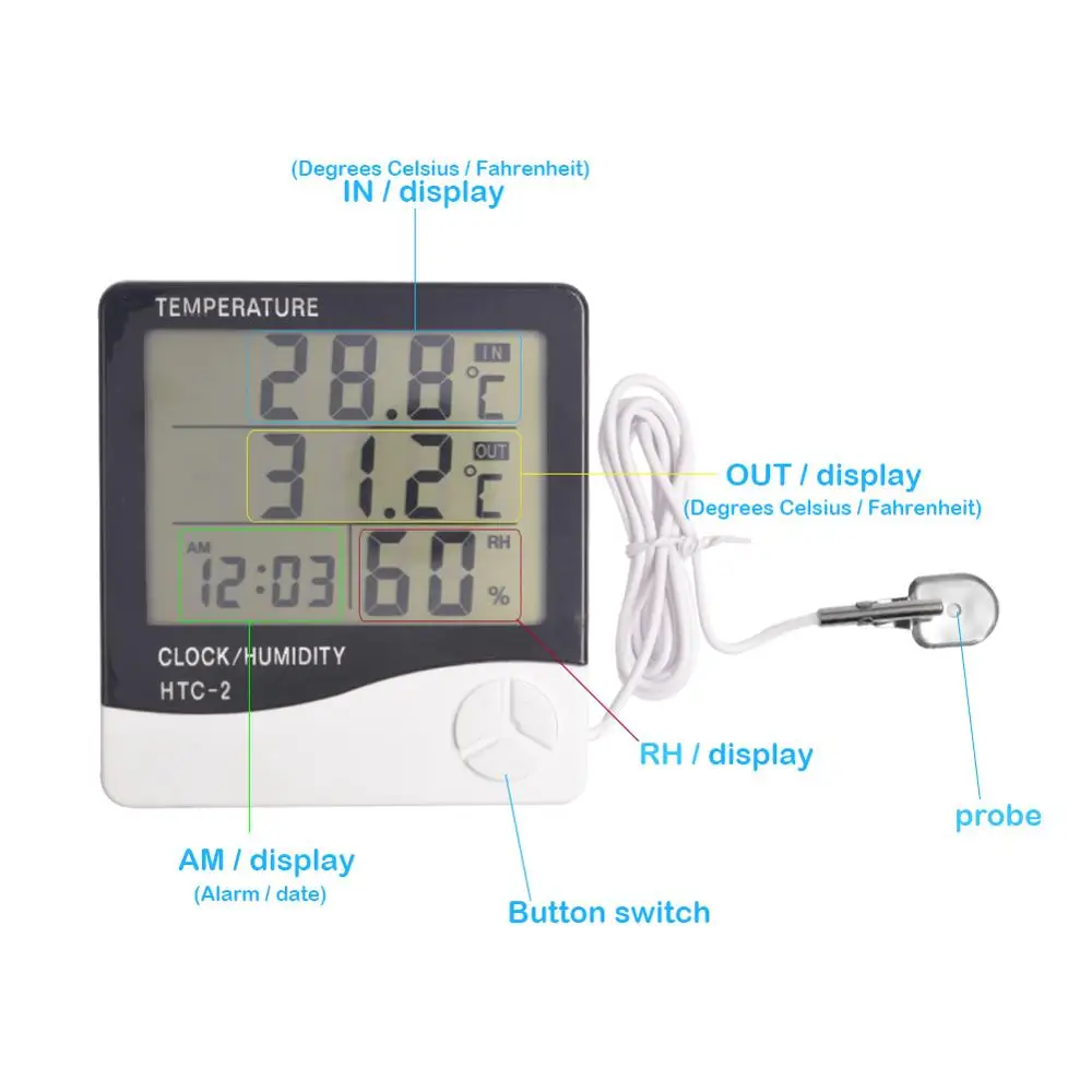 HTC-2 Digital LCD Temperature Thermometer Humidity TEMP Meter Clock With Sensor