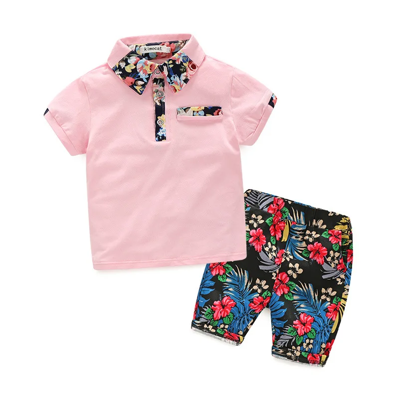 

summer new children boy Korean version of the lapel POLO shirt printed shorts 2 sets boys clothing, Picture