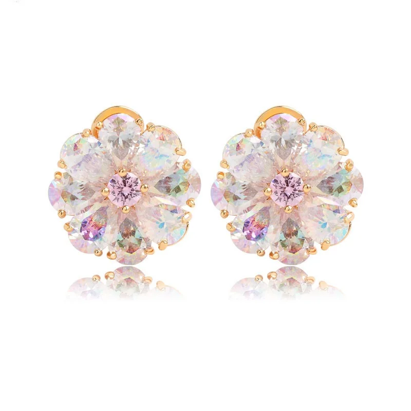

LUOTEEMI Wholesale Luxury Trendy Perfect Pearl Cut Rainbow Cubic Zircon Flower Earrings for Women 18K Champagne Gold Jewelry, N/a
