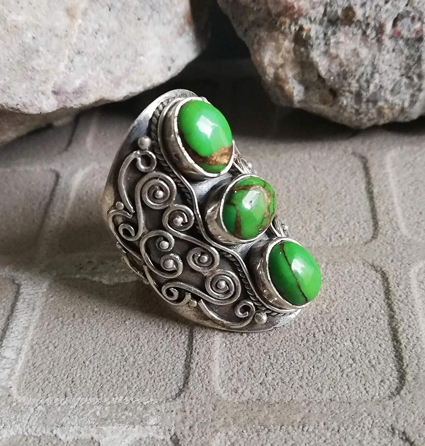 Green Copper Turquoise Ring, 925 Sterling Silver, Antique Ring, Victorian Ring, Three Stone Ring, Ultimate Ring, Wide Band Ring, Unique Piece, Rare Ring, Long Ring, Classic Elegance Ring Filigree Ring