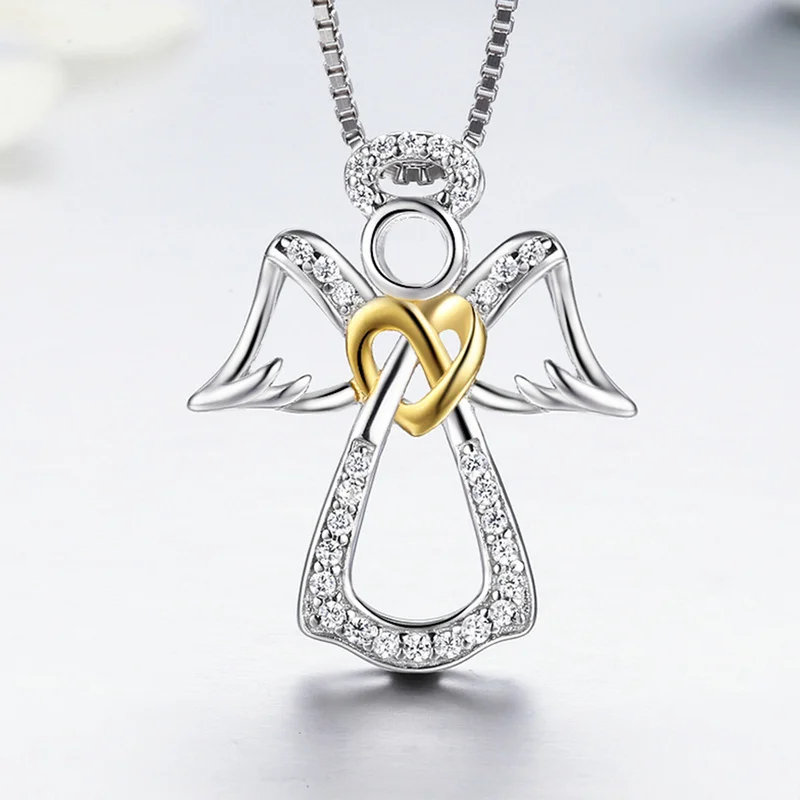 Factory Price Gold Plated 925 Sterling Silver Guardian Angel Heart Pendant CZ Jewelry Necklace