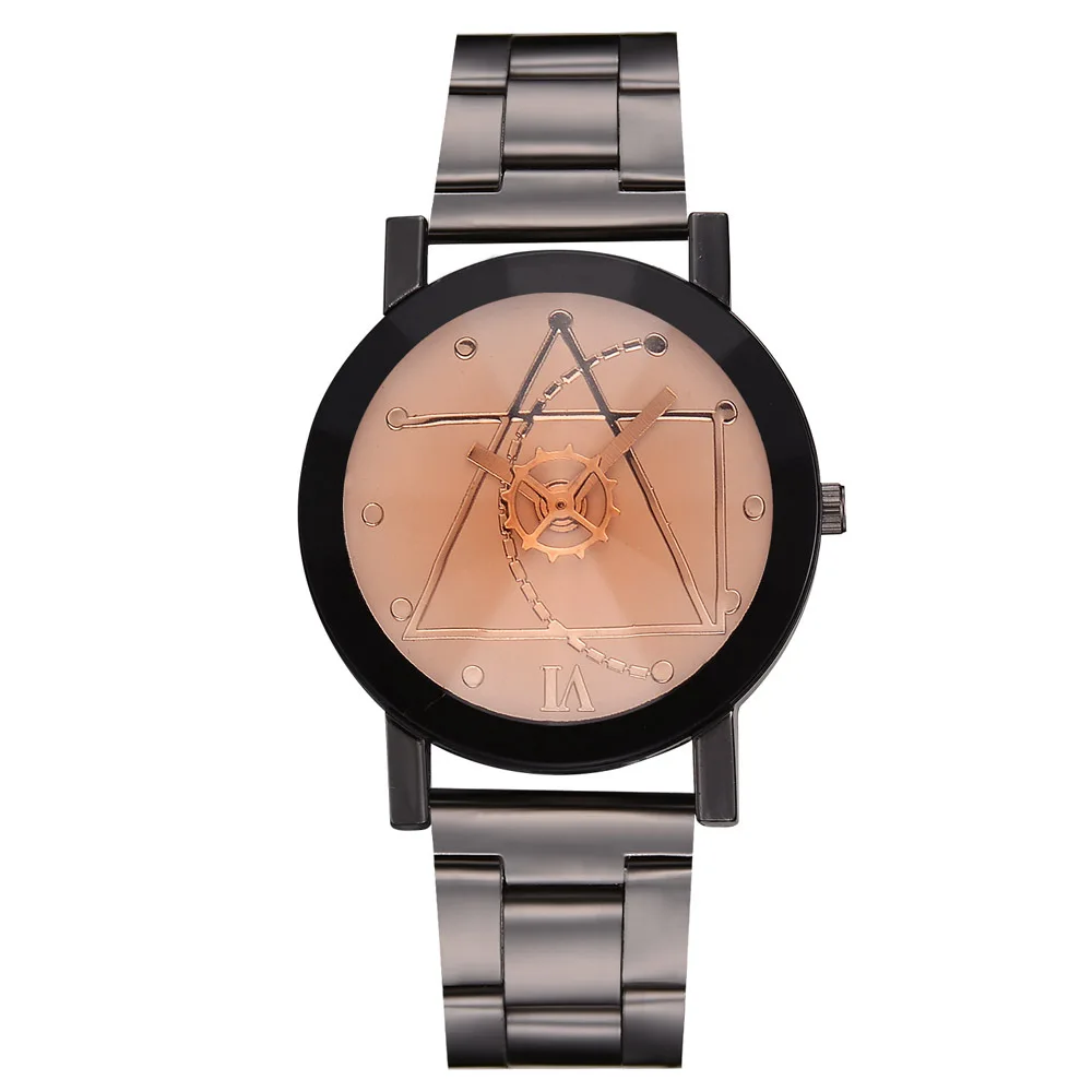 

8406 Couple Watches 2018 Stainless Steel Band Women's Wristwatch Geometric Gear Rivet Analog Men's Quartz Watch, 2color as photo