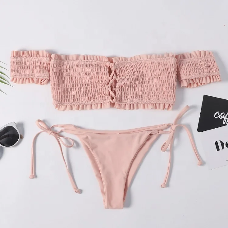 

2019 solid color off shoulder swimwear bikinis mujer, Pink;black