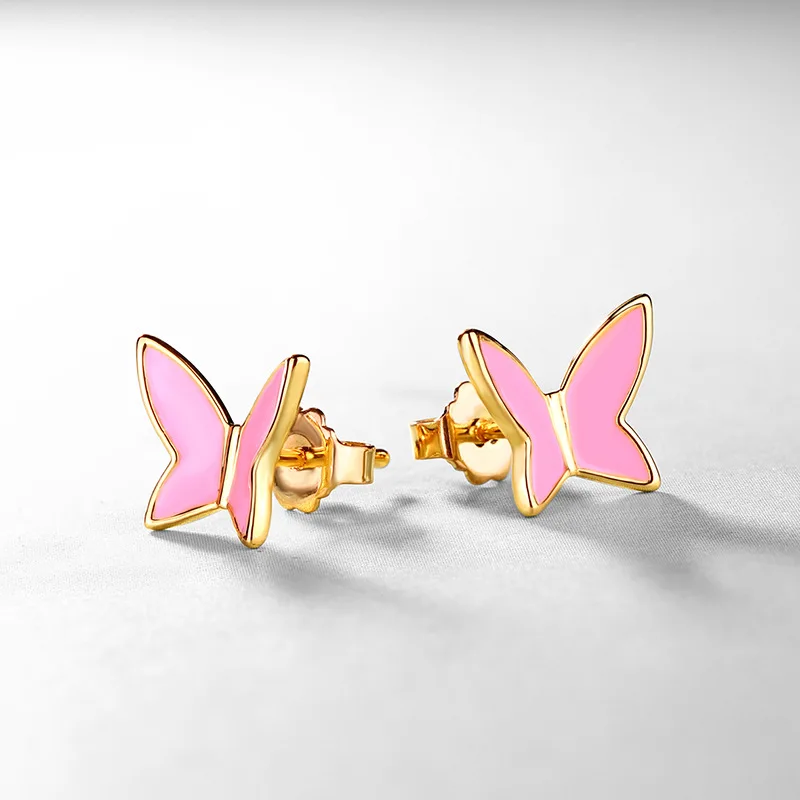 Custom charm Enamel Pink Butterfly  Gold Color Jewelry Sterling Silver Earrings With Joias Banhadas A Ouro