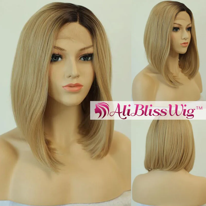 

Heat Resistant Fiber Hair Dark Roots Two Tone Ombre Blonde Left Side Part Lace Front Straight Bob Synthetic Wig for Black Women