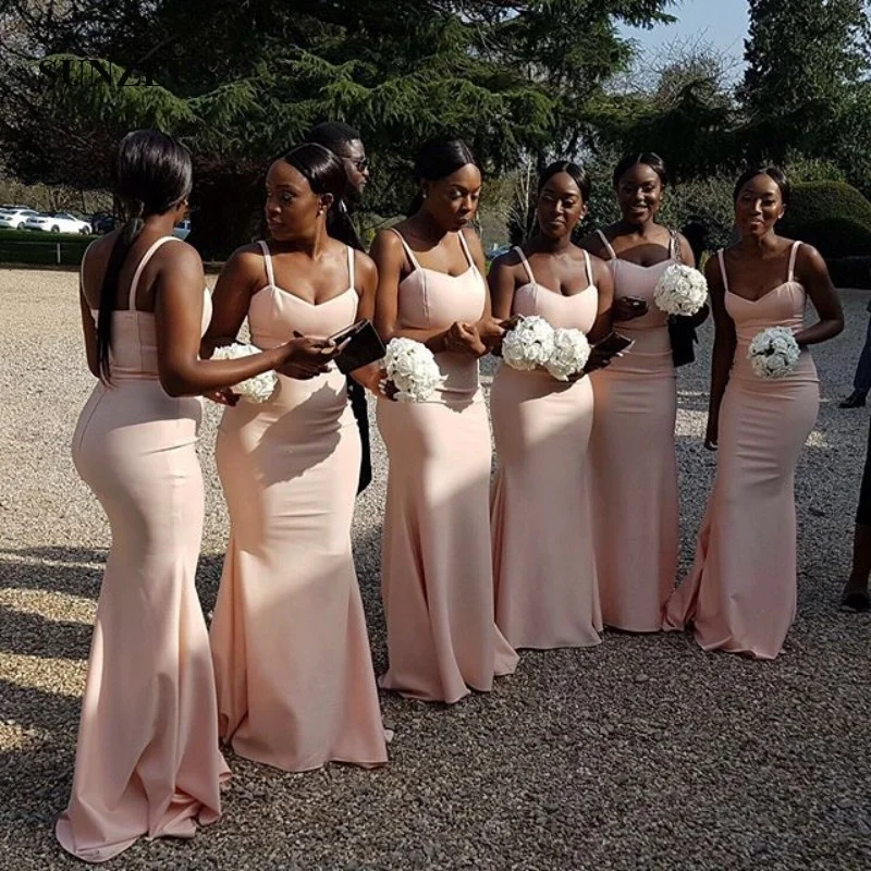 

Simple Mermaid Long Pink Satin Sexy Traditional African Bridesmaid Dresses, Black, white, blue , red, etc