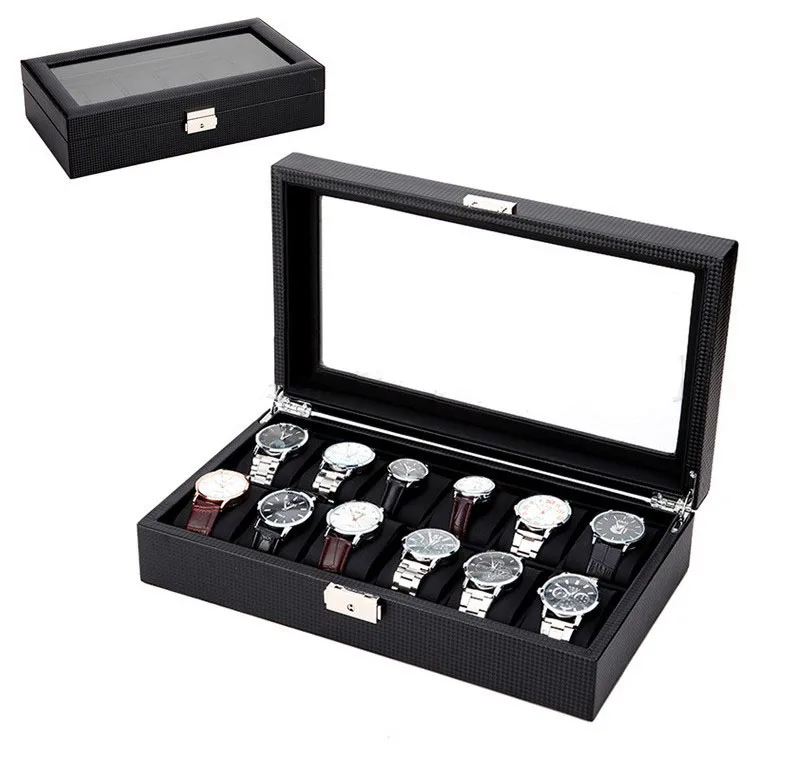 

12 slot Black Carbon Fiber Design Packaging Fashion Men PU Leather Luxury Wrist Watch Storage Display Box
