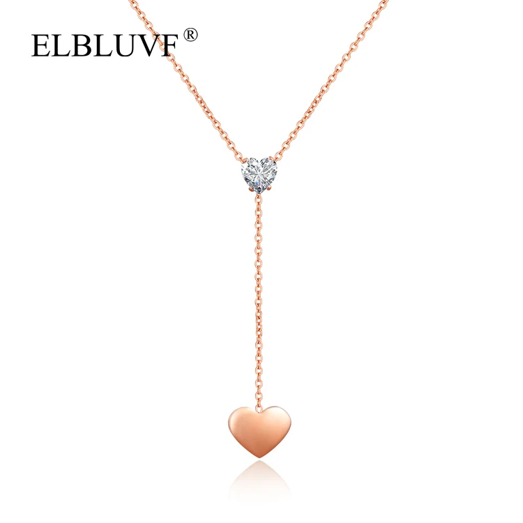 

ELBLUVF Free Shipping Stainless Steel Heart Shape Pendant layered necklace Double Zircon Chain Jewelry For Women Girls Ladies, Rose gold , stainless steel