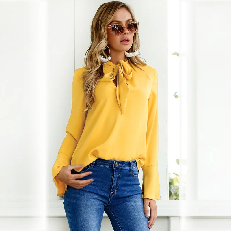 

Wholesale Yellow Black Quality Bandage Spring Girls Ladies Casual Fashion Tops Shirts Plain Women Chiffon Long Sleeve Blouse