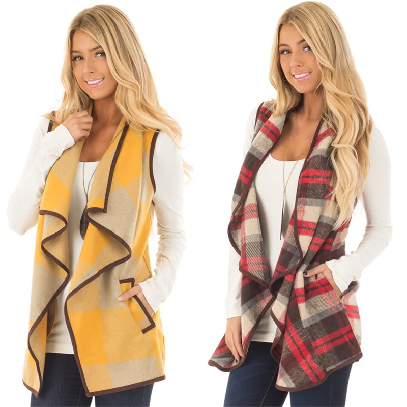 

Ropa Mujer Invierno 2018 Ladies High Quality Plaid Lapels Sleeveless Cape Woolen Coat Women Coat, Picture colors