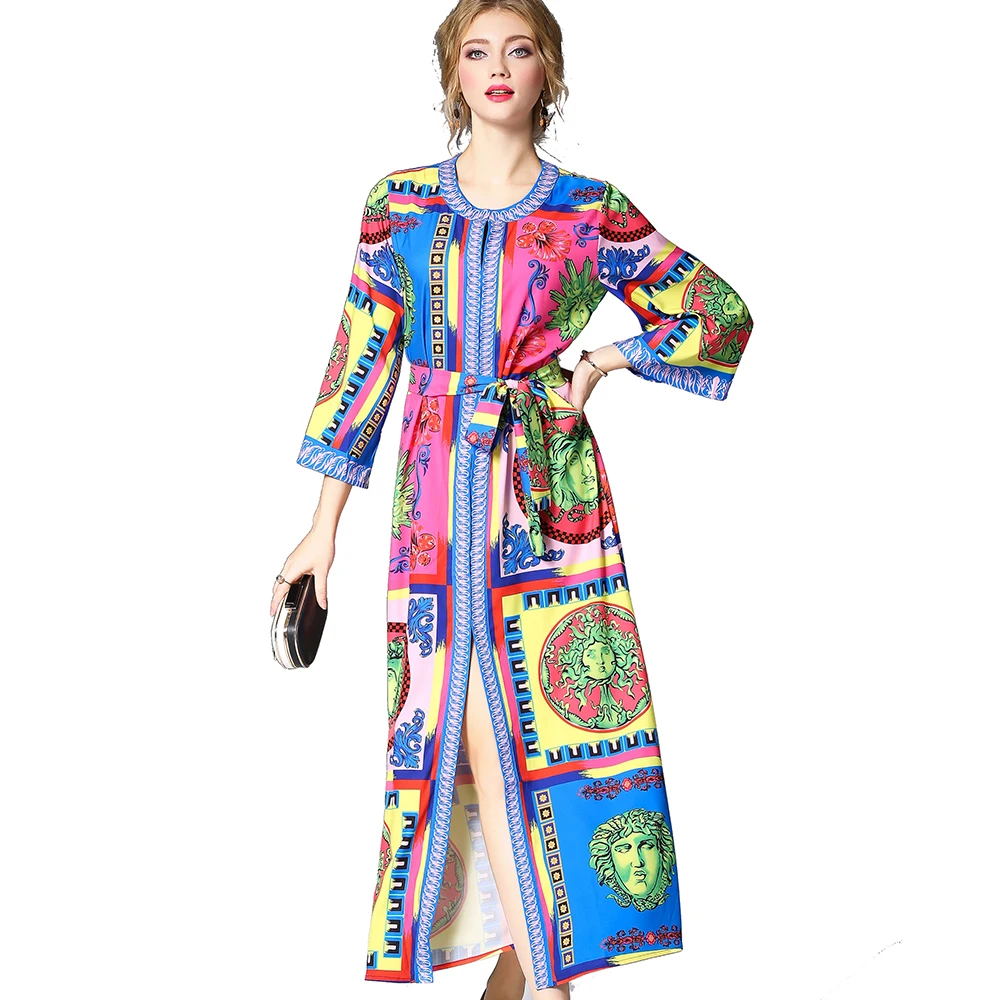 

European and American Women Fashion O Neck Three Quarter Sleeve Bright Color Print Belt Robe Dress