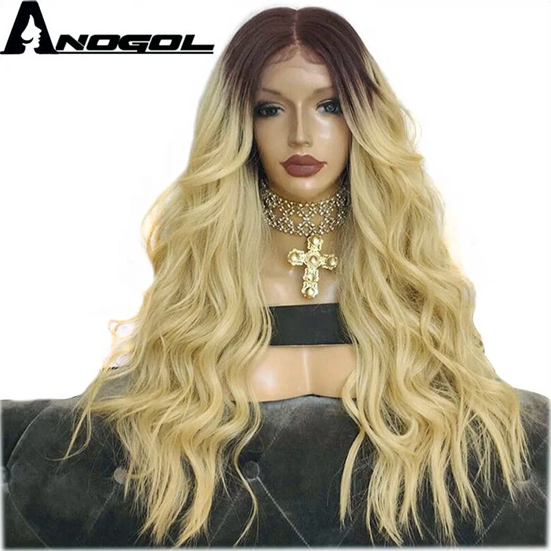 

Anogol 2018 Hot Sell Body Wave Ombre Blonde Lace Front Wig Synthetic Hair