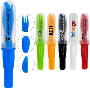 Gift personal care 3 in 1 combined tableware kit fork knife spoon holder travel portable plastic cutlery with clear sleeve case