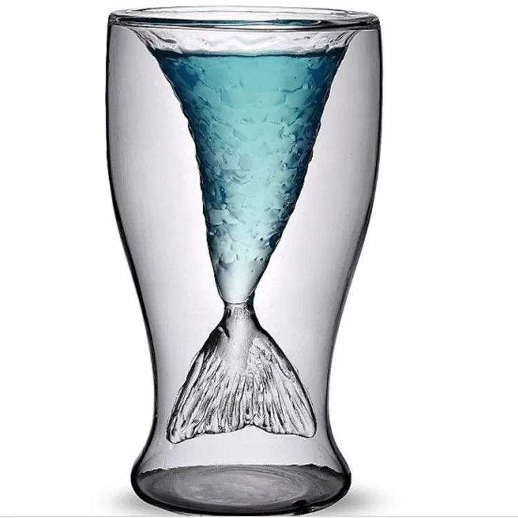 

Fashion hot handmade drinkware double wall mermaid tail glass cup, Clear