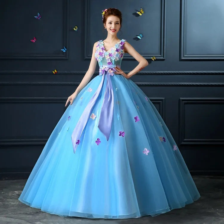 Spring Elegant Light Blue Flowers Floor Length Wedding Ball Gown - Buy ...