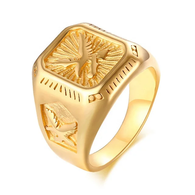 

Heavy Metal Material 316L Stainless Steel Ring Plated 18K Yellow Gold Ring Men Eagle Jewelry