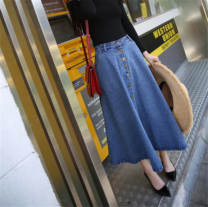 

Europe and the United States new retro simple single-breasted A word skirt elastic high waist denim skirt