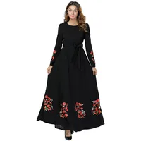 

Long sleeve embroidered women maxi muslim dress abaya with waist belt