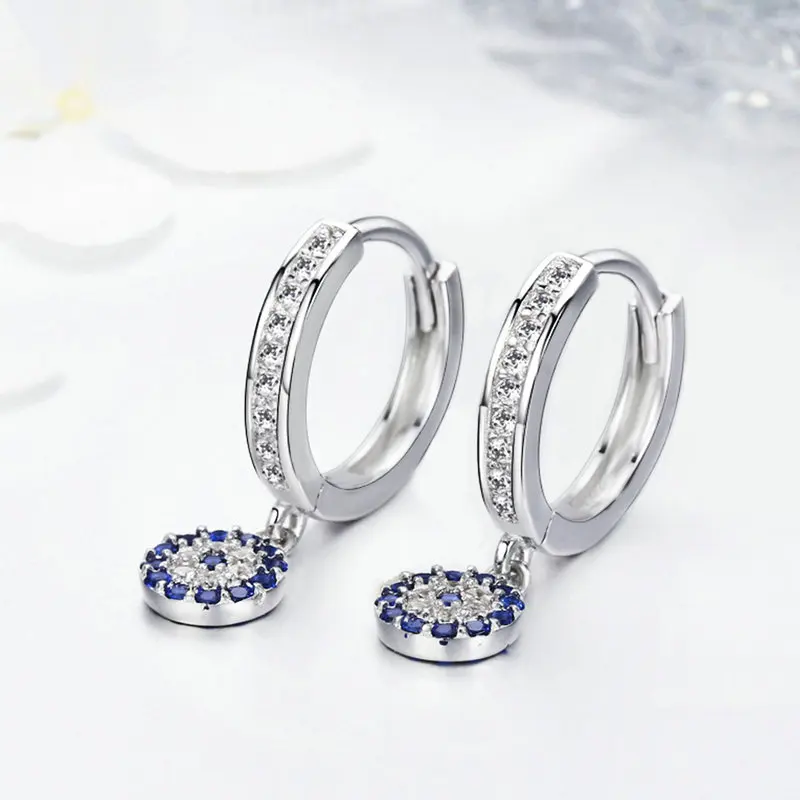 

Genuine 925 Sterling Silver Round Blue Clear Cubic Zircon Crystal Drop Earrings for Women Authentic Silver Jewelry
