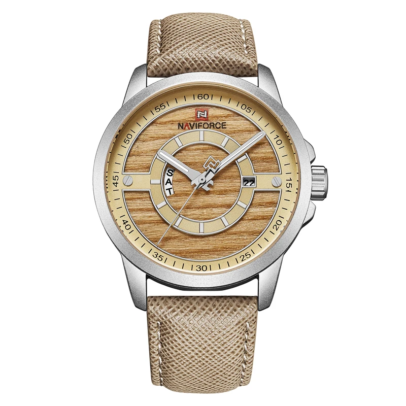 

Unique Wood Design Naviforce 9151 Watches Mens Business Date Week Male Clock Waterproof Leather Men Quartz Wrist Watches Hot