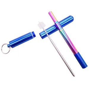 Image of Portable Collapsible Reusable Drinking Straws Telescopic Folding Stainless Steel Metal Straw with Aluminum Case & Cleaning Brush