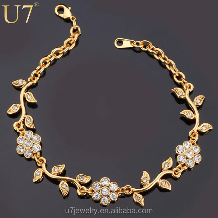 

U7 Charm Bracelets Platinum/18K Real Gold Plated Chain Rhinestone Flower Leaf Bracelet Bangles Romantic Gift Women Jewelry, Gold/ platinum plated