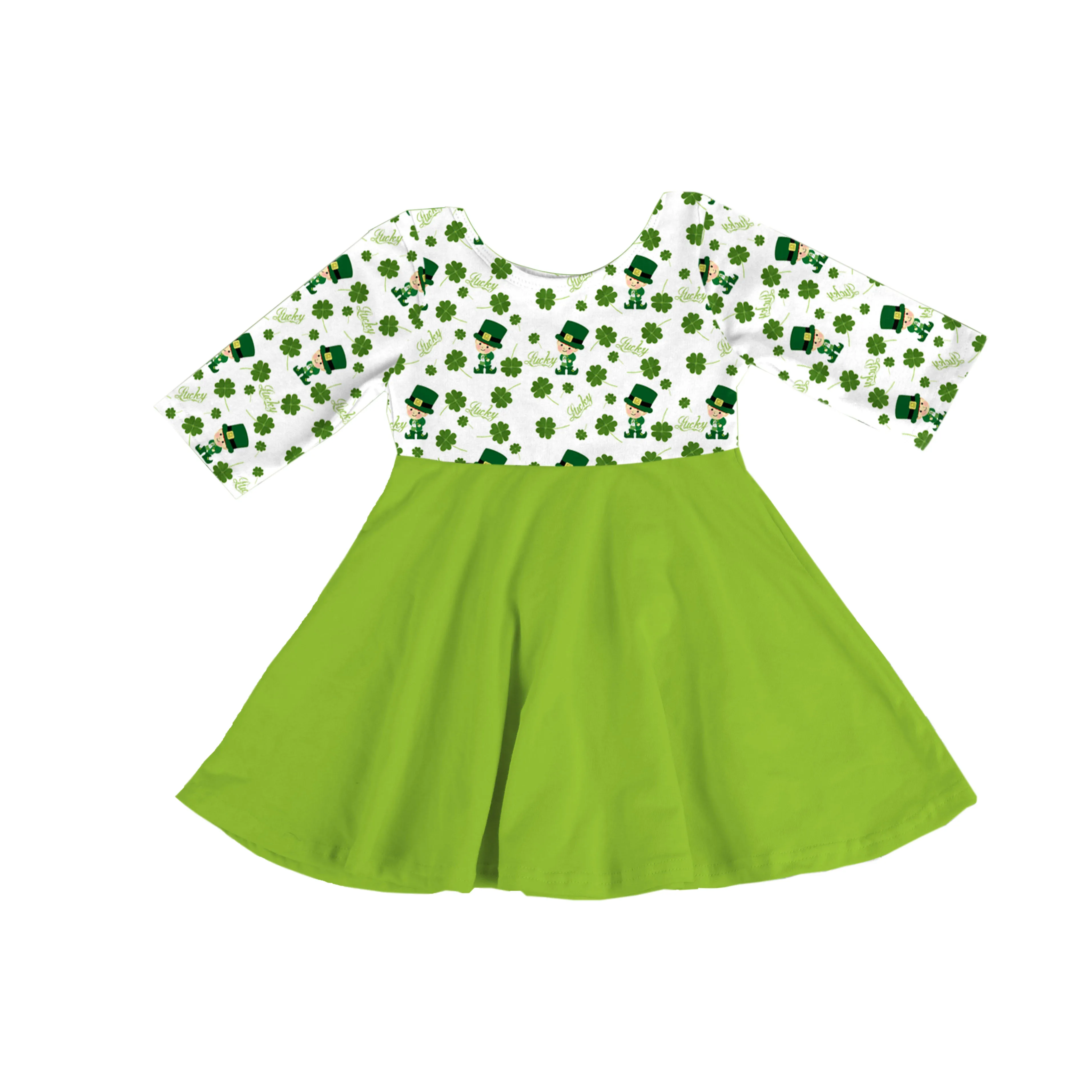 

St.Patrick's Day short sleeve dress leprechauns print milk silk four-leaf clover pattern baby girl party dress, Picture