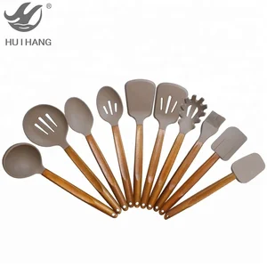 Image of 2018 Best Selling Kitchen accessories Tools10 Piece Natural Acacia Wooden Handle Silicone Cooking Utensils Set