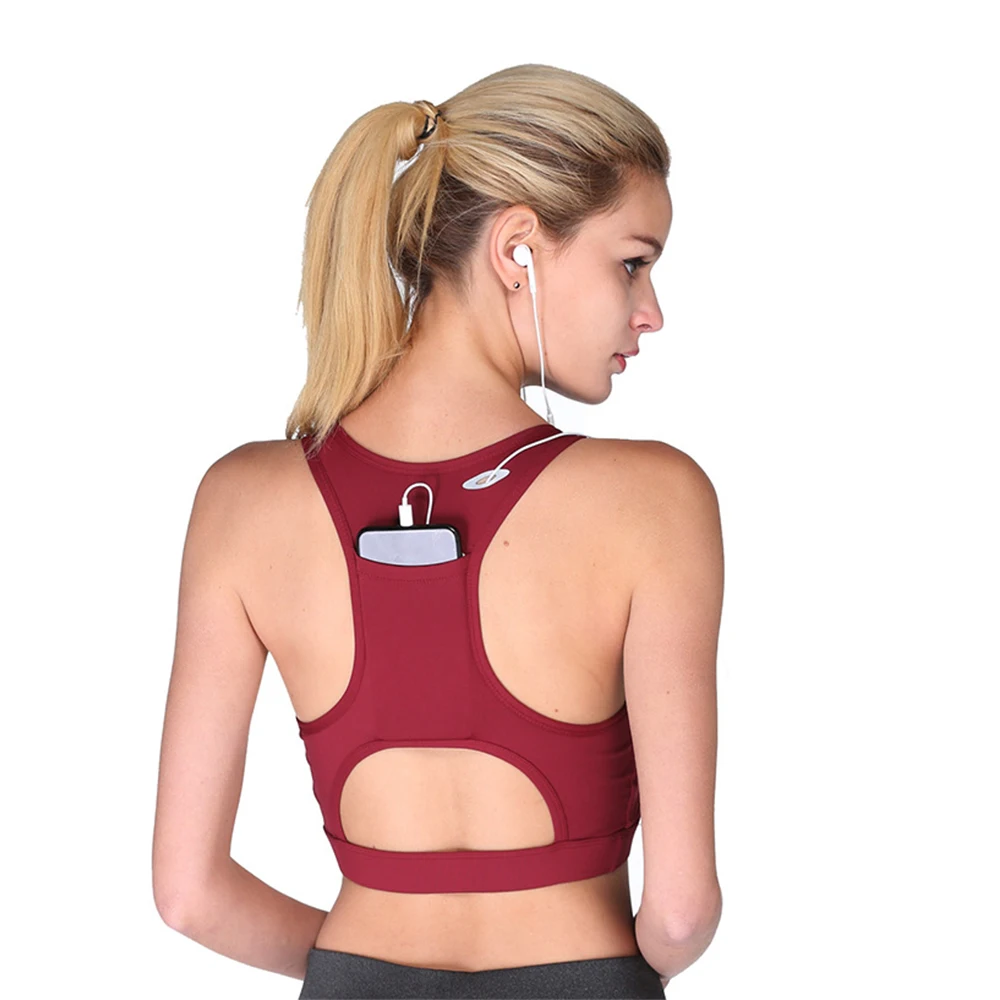 phone pocket athleisure push up padded sports bra for women
