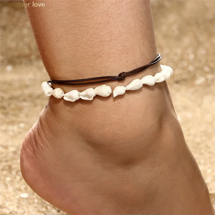 

2pcs/set Handmade Natural Seashell Anklets Summer Beach Wax Rope Shell Foot Anklet Bracelet Bohemian Jewelry for Women Men Gifts, As picture