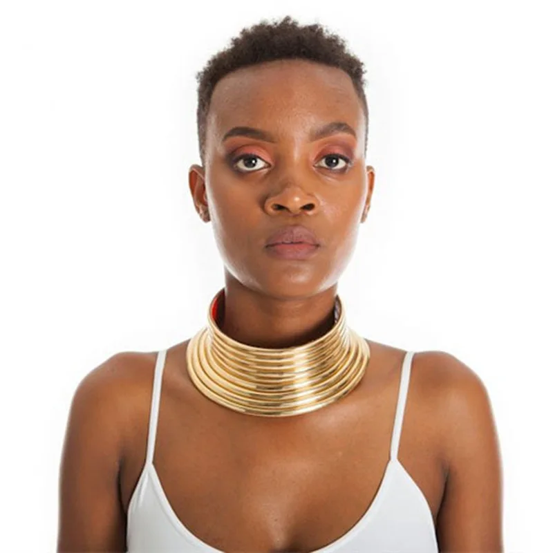 Gold Tone African Egypt Punk Gothic Okoye Snap Chunky Leather Choker ...