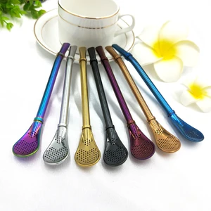 Image of Barware stainless steel spoon straw bombilla with tea or coffee filter mesh